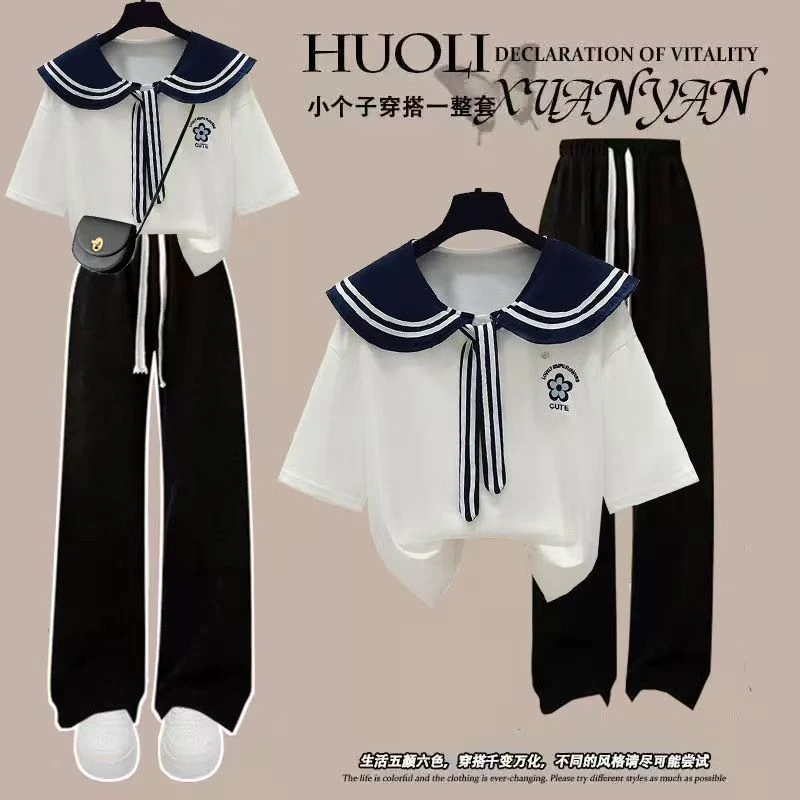 女童夏季学院风套装刺绣女大童学生海军领宽松短袖T恤+显瘦阔腿裤