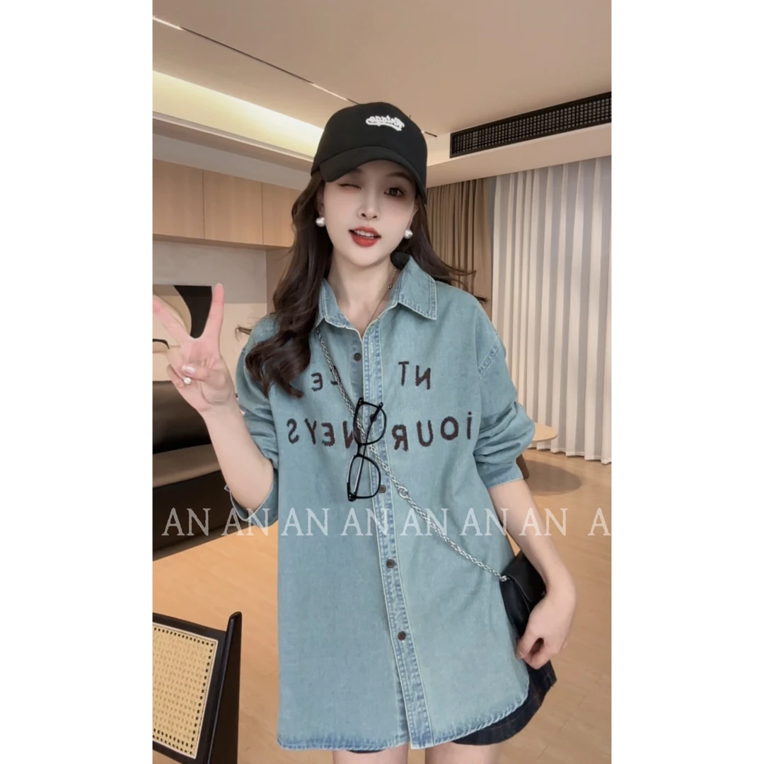 C02183春季新款复古港风慵懒宽松字母刺绣牛仔衬衫外套