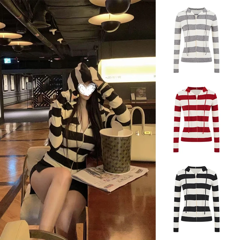 【特价福利】魔西女王百搭慵懒风韩版条纹上衣拉链连帽长袖开衫