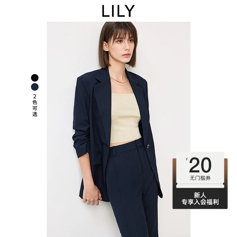 LILY2025春季新款收腰廓形一粒扣通勤黑色西装外套女125129C2915