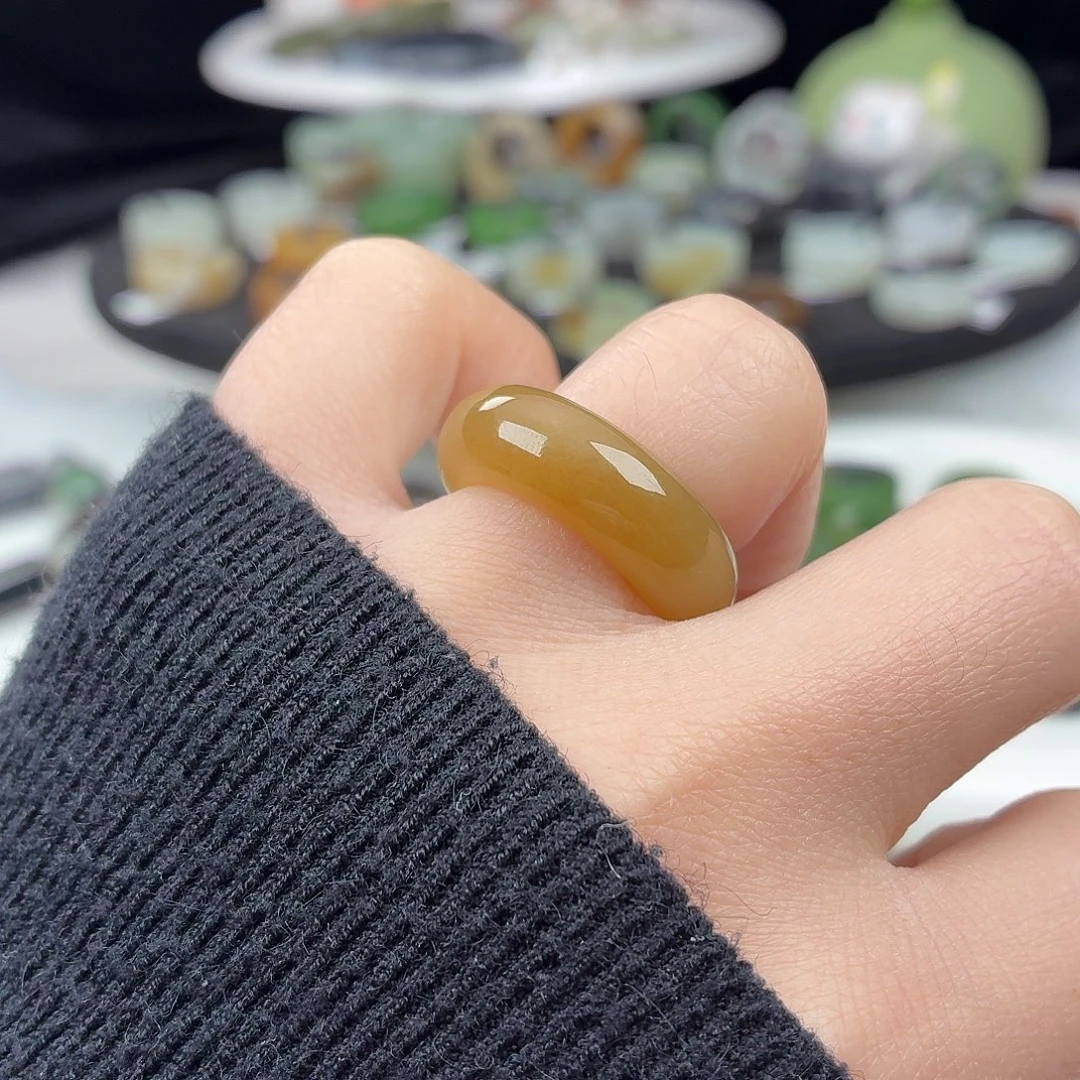 和田玉未镶嵌戒指S75黄糖轮胎16.5