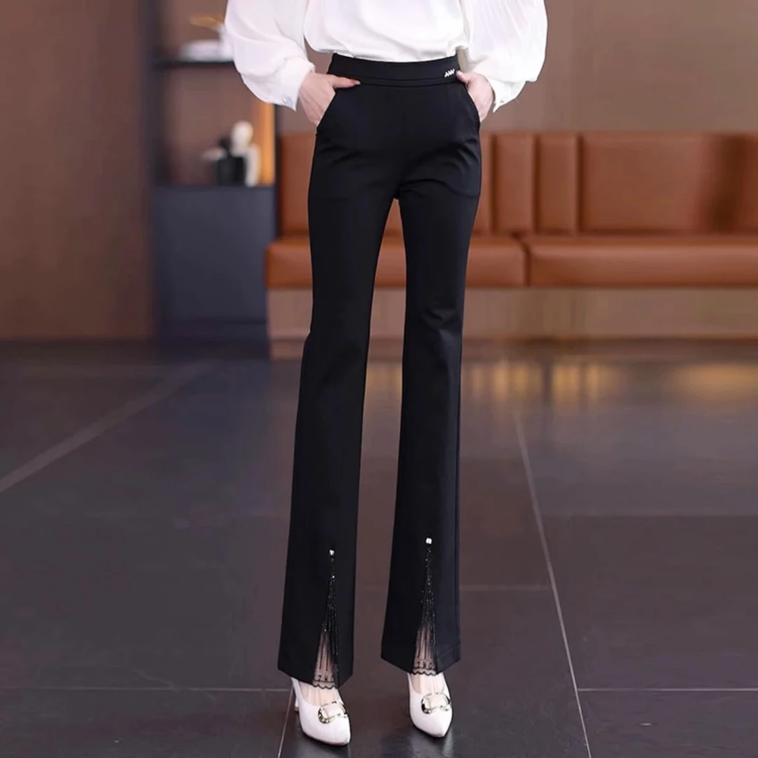 拉夏贝尔休闲裤女2025新款舒适夏季修身显瘦高腰蕾丝边开叉微喇裤