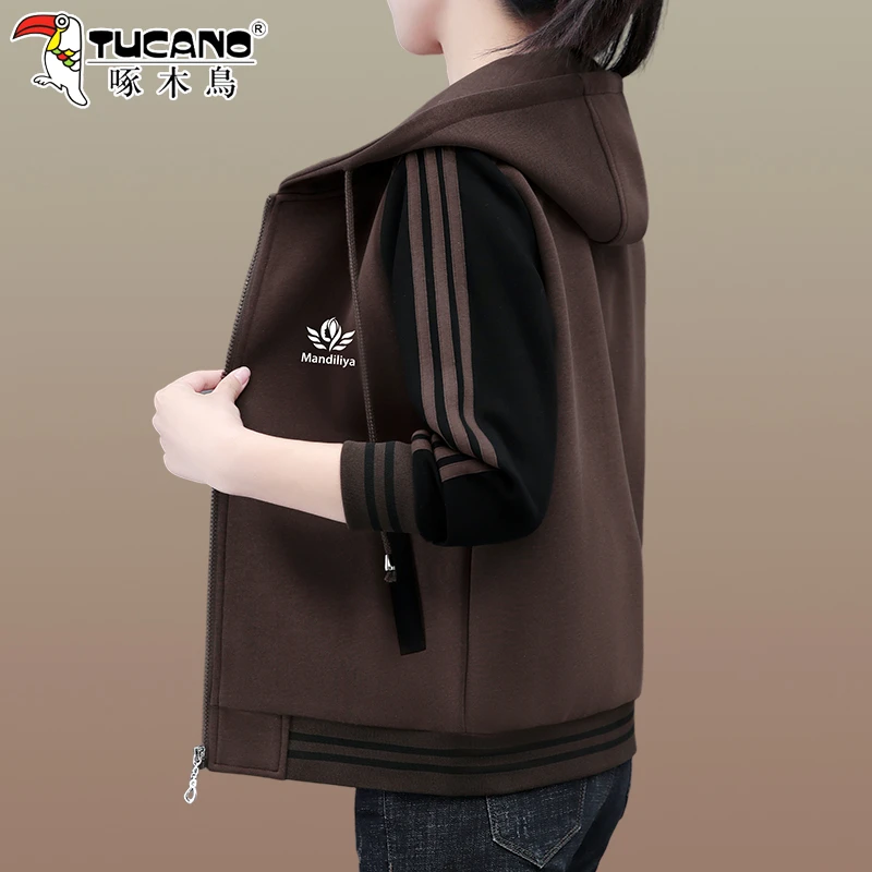 啄木鸟休闲连帽卫衣外套女士短款春秋新款妈妈装洋气宽松拉链上衣