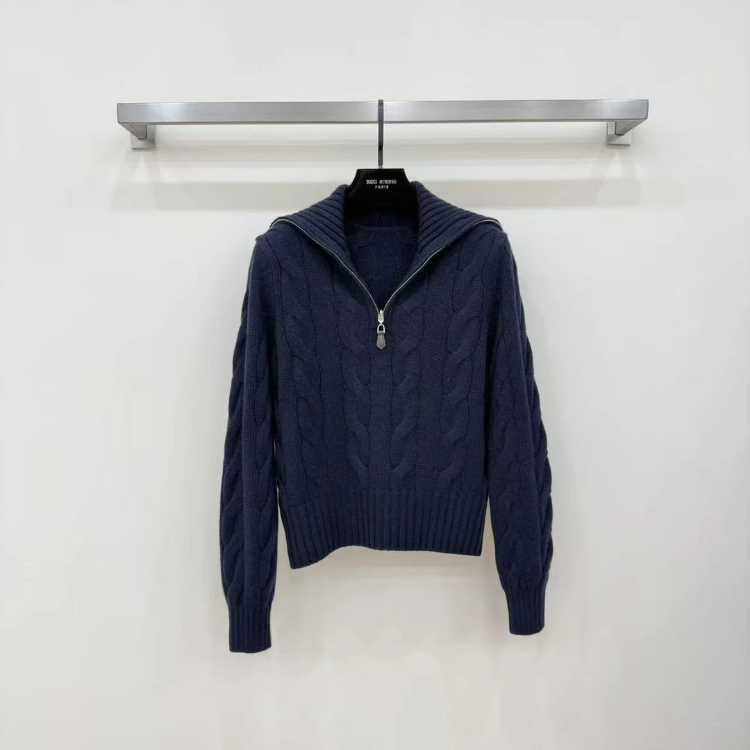 JIAYE CHAN老钱风复古半拉链绞花上衣