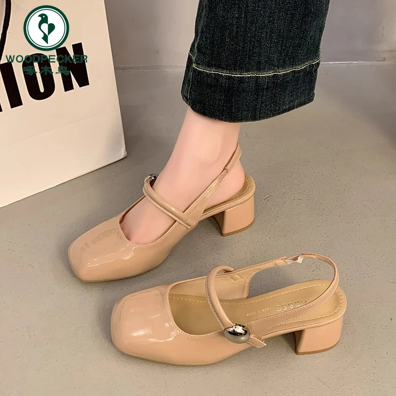 啄木鸟包头后空粗跟凉鞋女仙女风2025年夏季新款网红百搭玛丽珍鞋