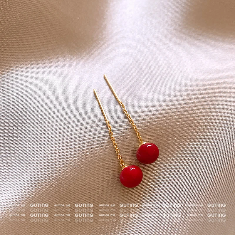 铜合金耳饰 19545高级感红色耳环女气质耳坠新年复古珠珠耳饰