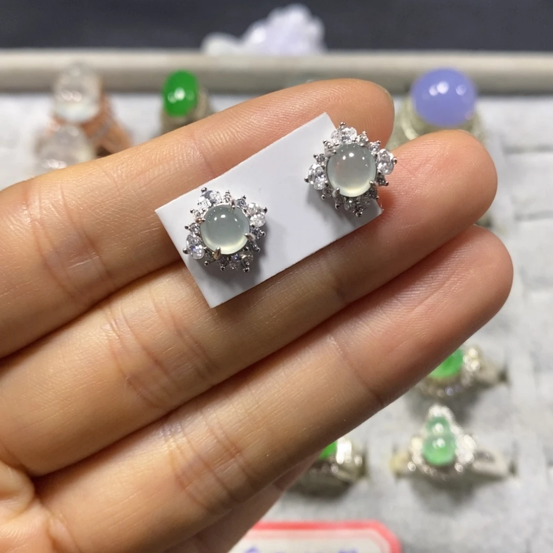 翡翠银S925镶嵌耳饰耳钉