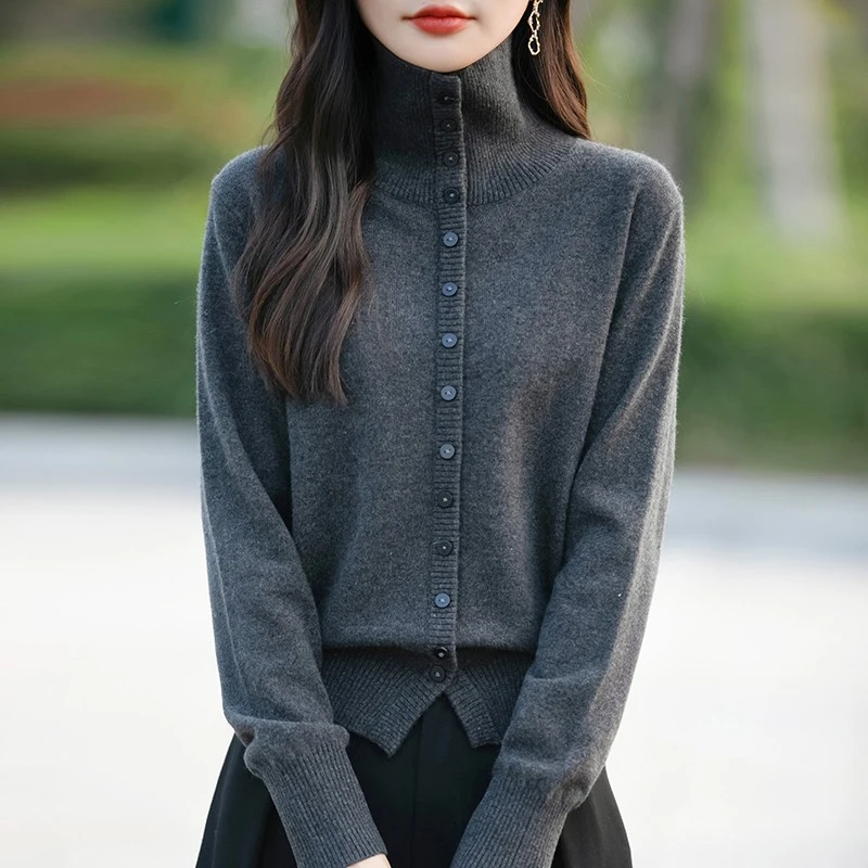 潮牌时尚女士秋冬羊毛针织开衫女气质洋气单排扣高领百搭显瘦羊绒