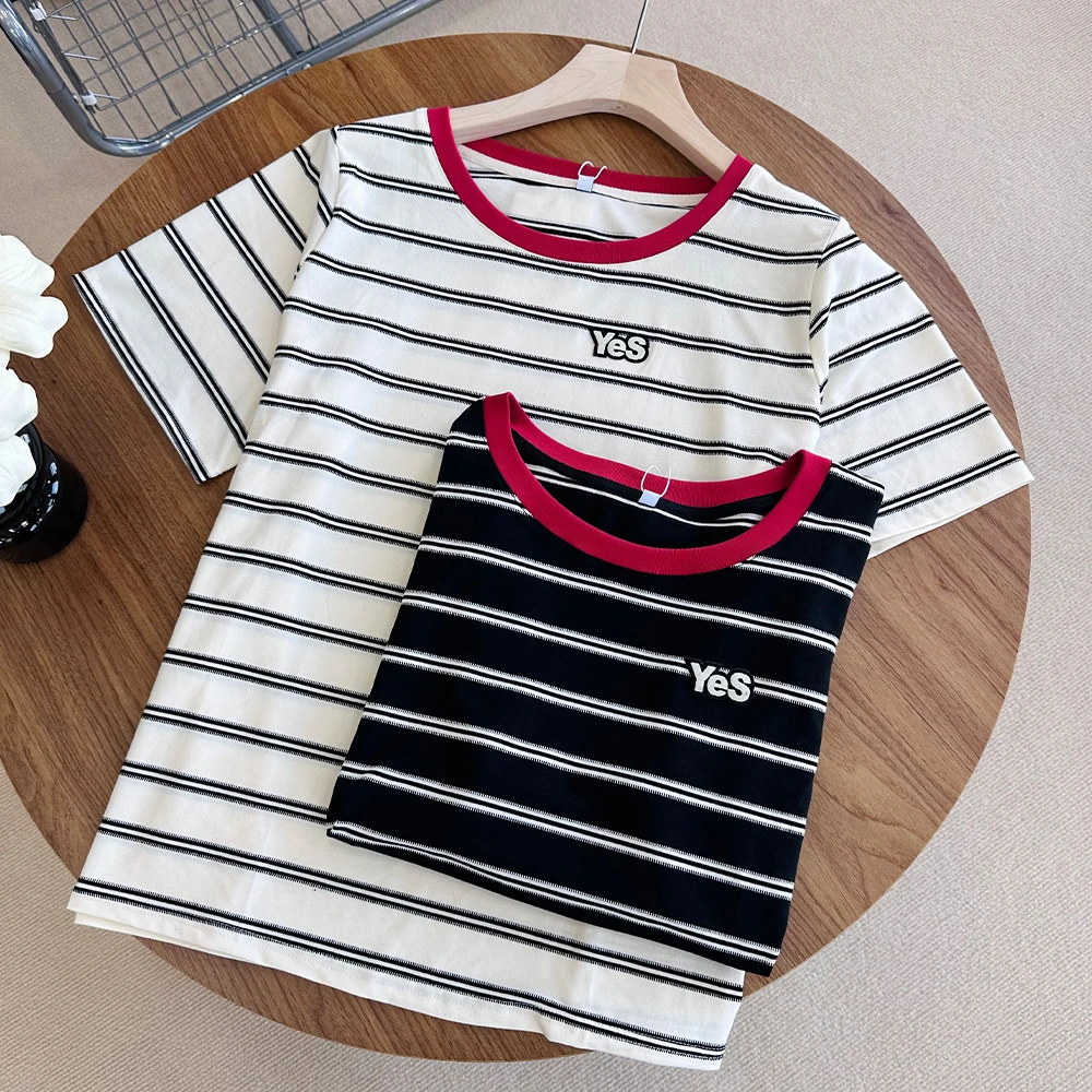 新款大码女装休闲撞色条纹圆领T短袖上衣 6070