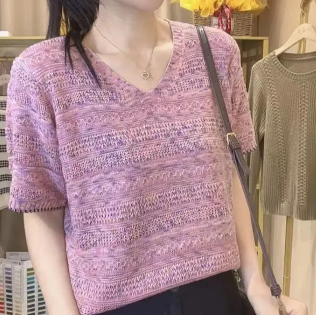 【幻彩星空】花边V领短袖套头衫气质百搭宽松显瘦春季针织上衣