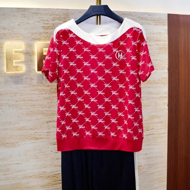 【石榴红菱格船形领短袖套装】舒适显瘦天丝罗马棉T恤时尚休闲套装