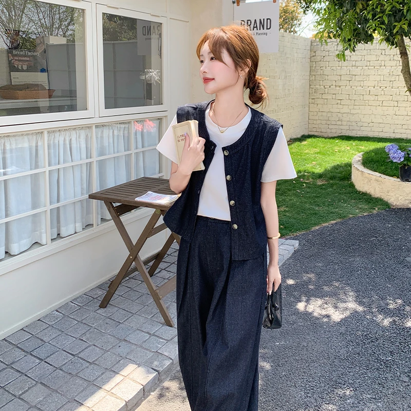 极简风松弛感穿搭套装裤女2025夏季新款牛仔马甲阔腿裤短袖三件套