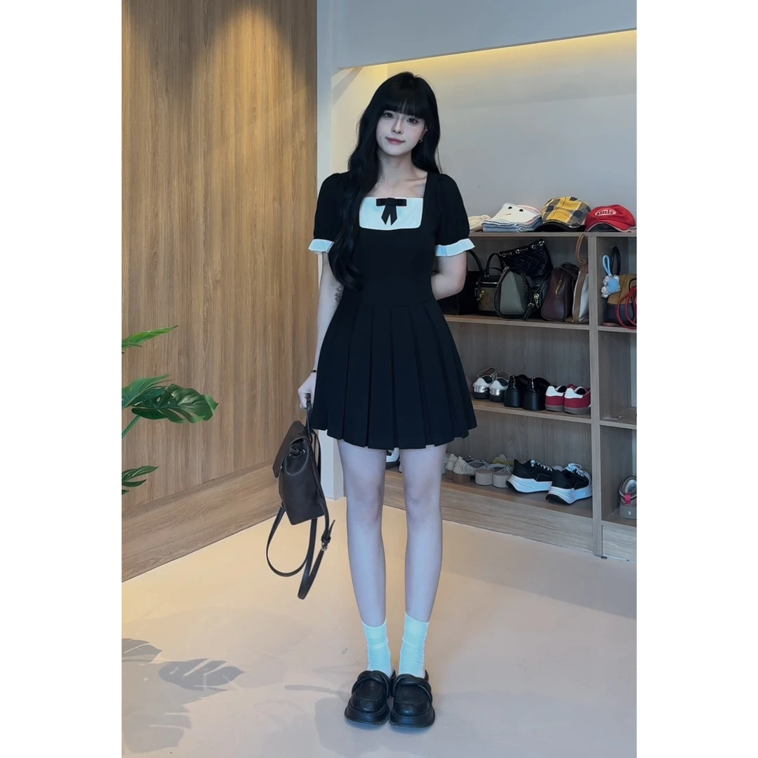 RICHINCHEESE 贝加尔清晨 复古甜酷蝴蝶结设计感百褶收腰连衣裙