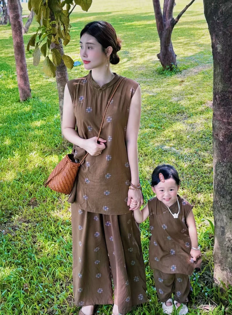 【BLUEXIXI】人棉套装棉绸背心儿童人造棉亲子装女童两件2025380