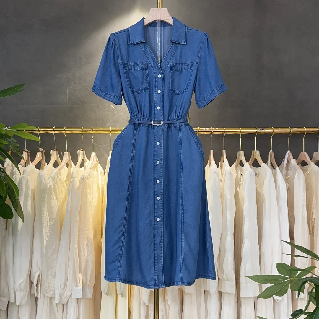 X2004韩系复古翻领牛仔连衣裙女2025夏季新款松弛感气质收腰显瘦