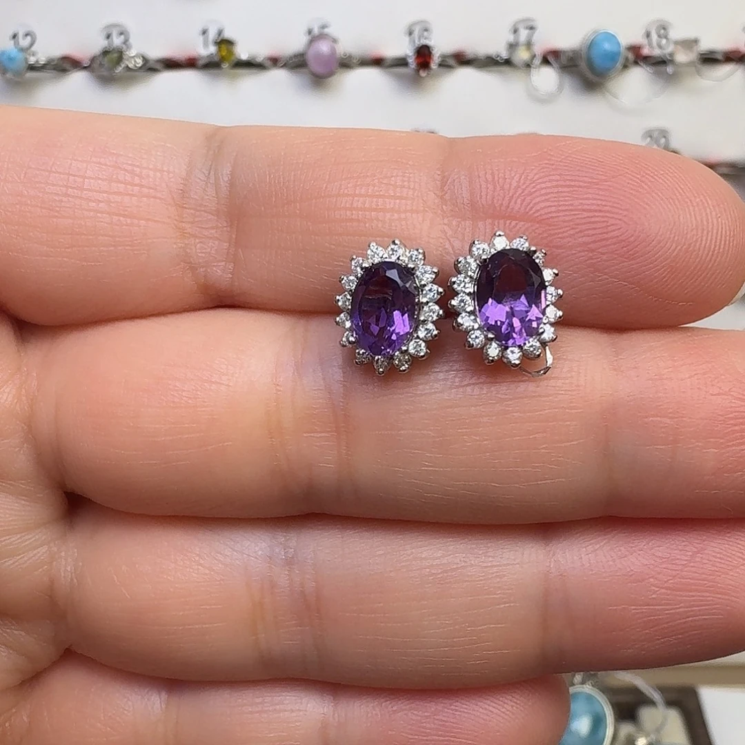 耳饰银S925镶嵌紫晶