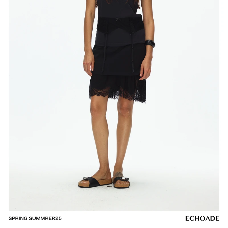 ECHOADE优雅灵动 下摆不规则蕾丝边拼接小众西装高腰短款半身裙