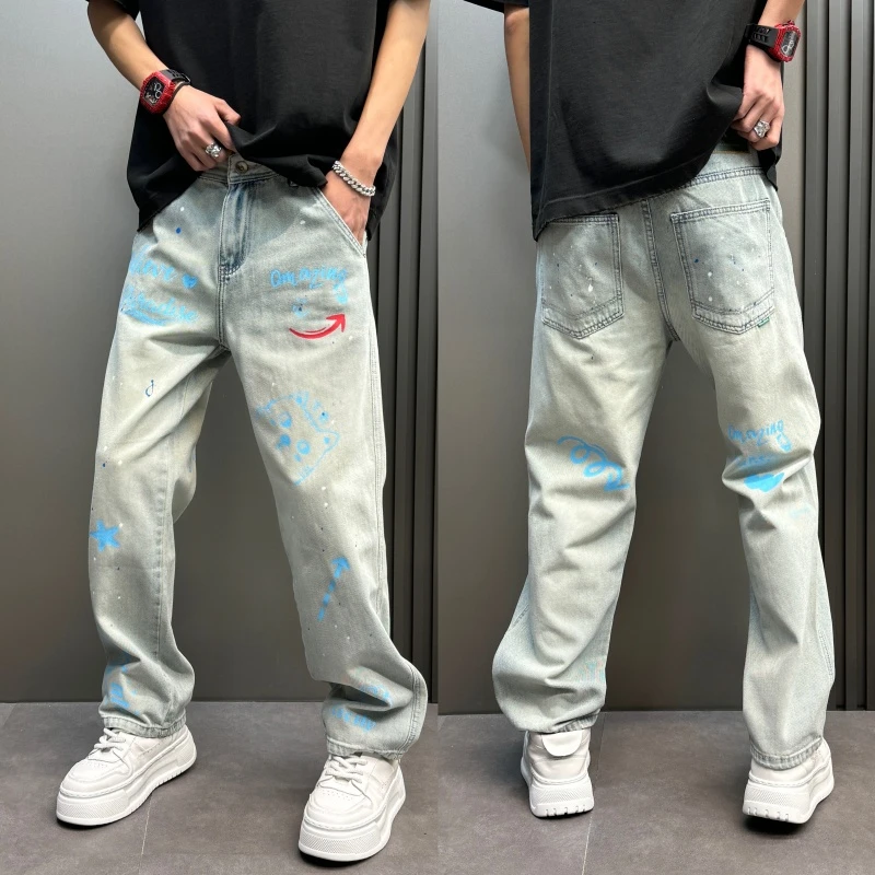 美式休闲秋季宽松浅色男士牛仔裤子直筒宽松百搭潮流个性印花高街