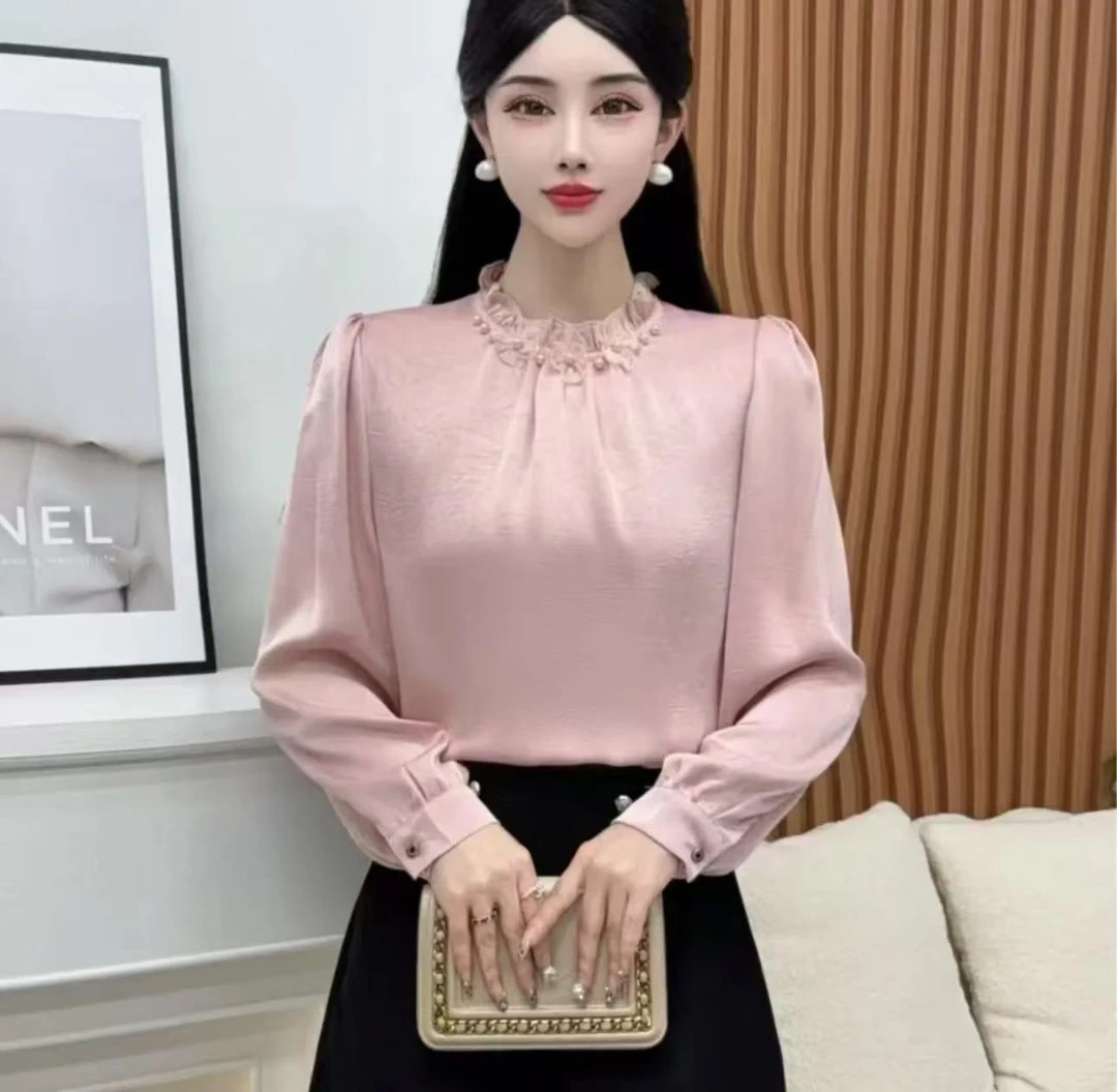 2025春季新款花瓣领长袖女衬衫法式减龄别致洋气时尚百搭上衣2077