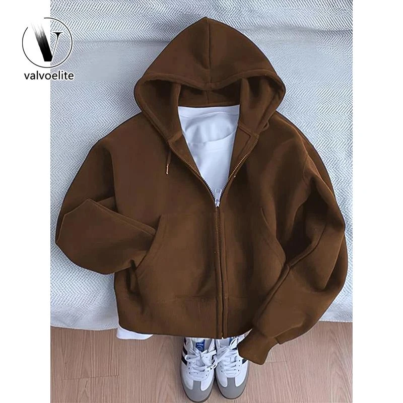 VALVOELITE美拉德棕咖色重磅连帽卫衣男复古短款正肩开衫外套潮流