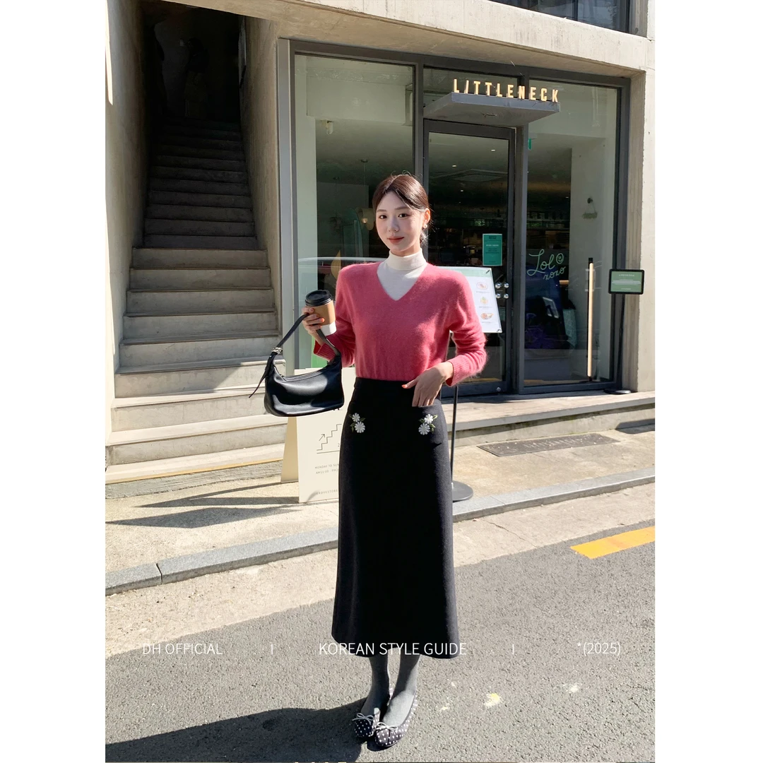 DH 大花【雏菊雾 daisy】秋冬羊毛毛呢雏菊刺绣口袋显瘦直筒裙子