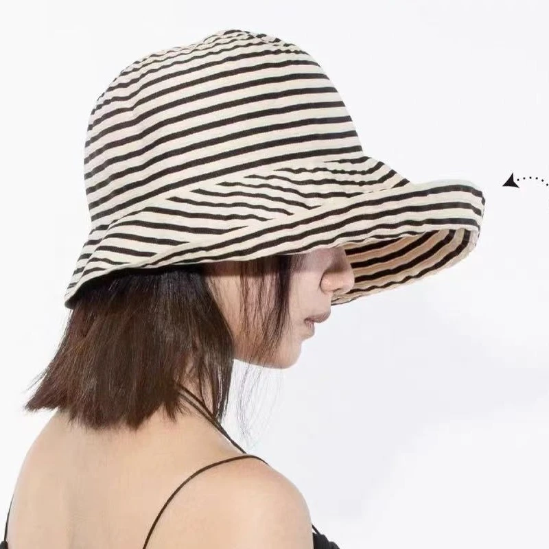 条纹渔夫帽子女前长后短防晒帽大头围遮阳盆帽C59002