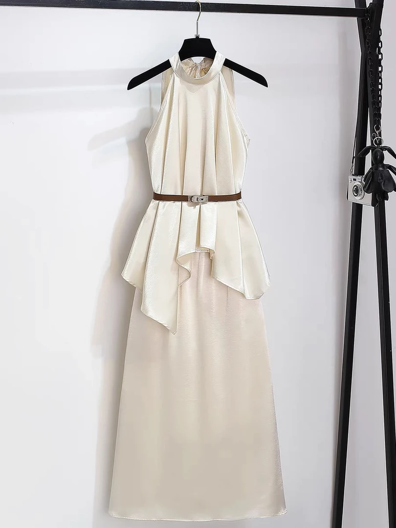 醋酸丝绸缎面气质名媛套装女夏季无袖挂脖背心包臀半身长裙两件套