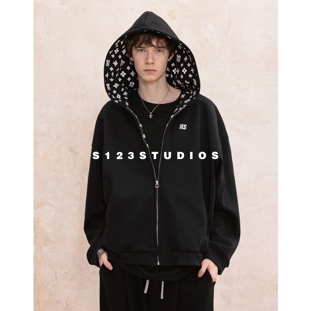 S123550克重磅美式印花开衫连帽卫衣男女秋冬慵懒休闲拉链外套潮