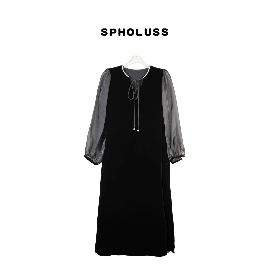 【丝芙玉禄】（K514）重磅100%真丝丝绒重工袖子拼接丝绒气质连衣裙