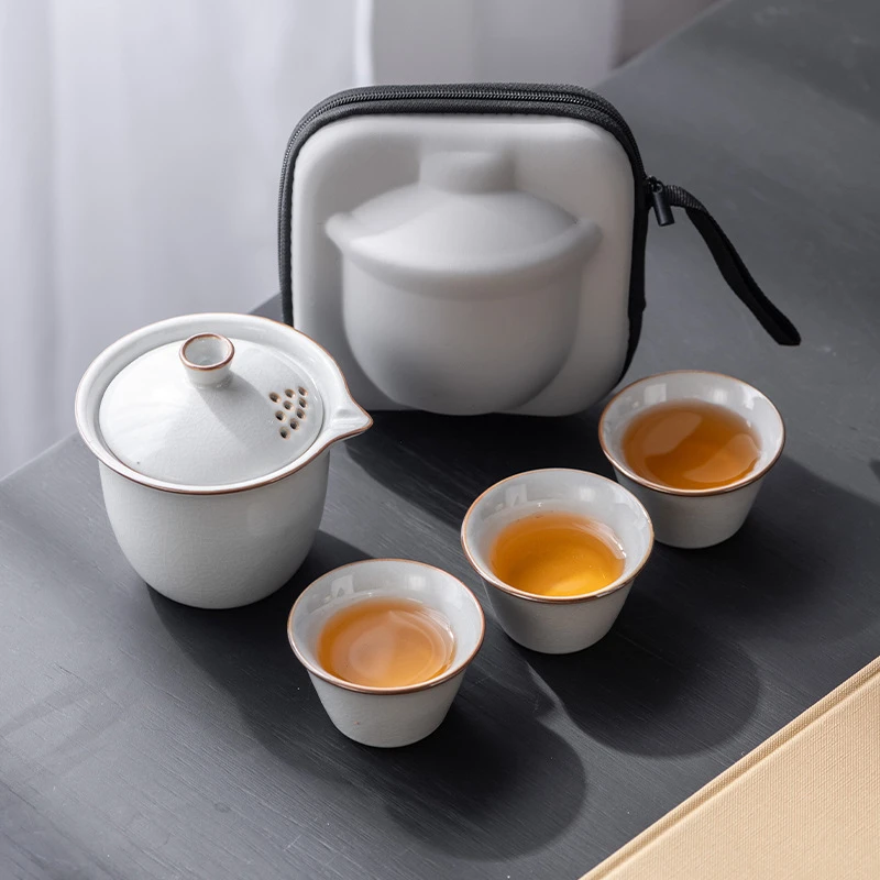 轻奢汝窑开片旅行茶具户外便携一壶三杯高档商务实用十元以下礼品