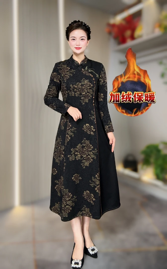 秋冬新款长袖刺绣中长裙中国风提花连衣裙旗袍加绒加厚妈妈装宽松