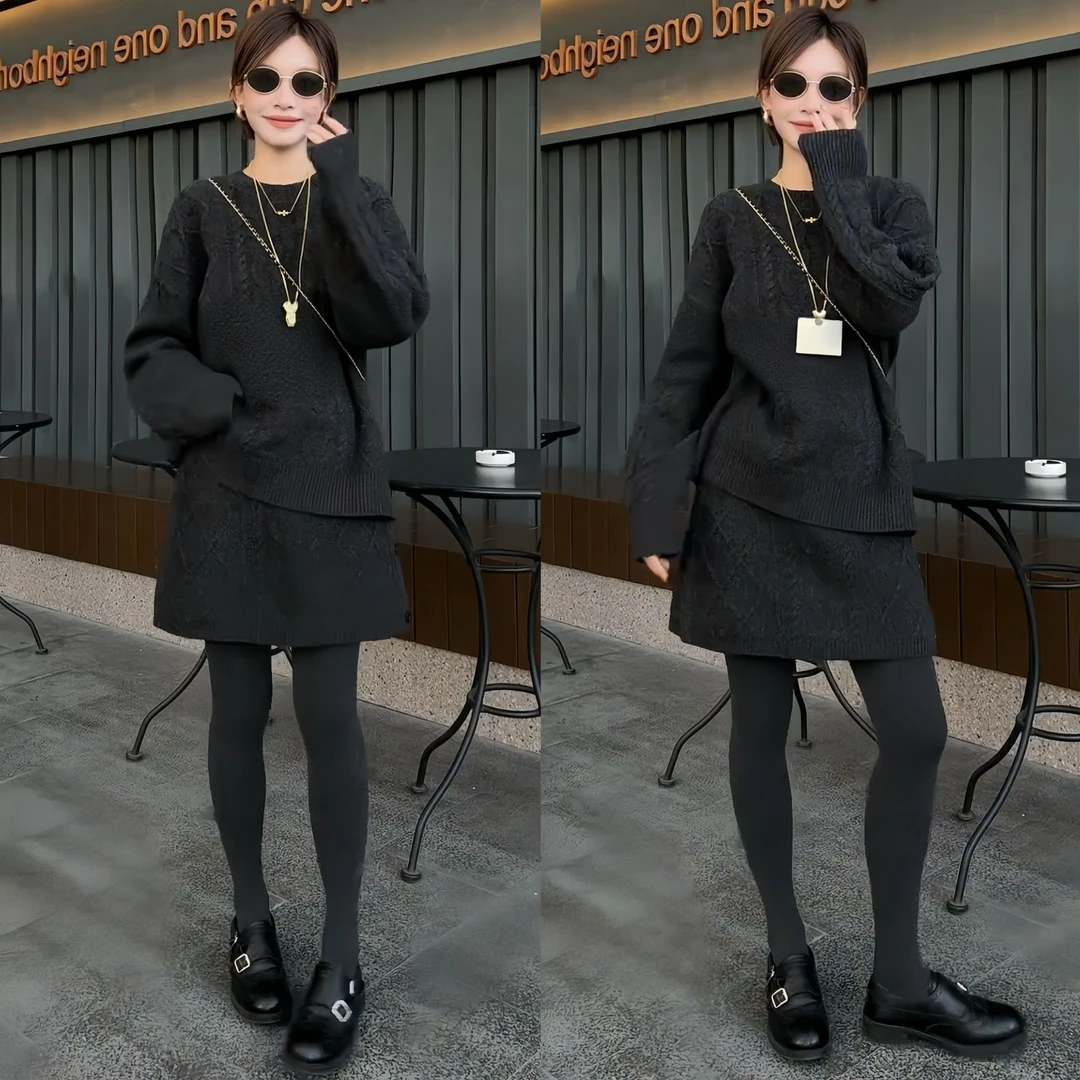 2025秋冬季新款韩系时尚慵懒风软糯长袖针织毛衣高腰显瘦短裙套装