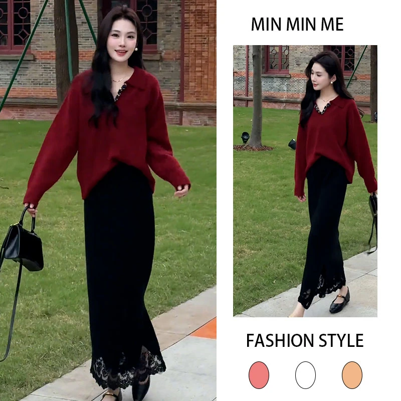 2025秋季新款设计感松弛风长袖V领针织上衣女搭休闲半身裙两件套