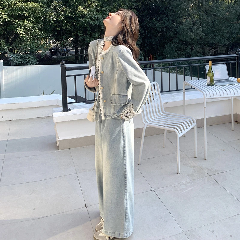 时尚高级感牛仔套装女2025秋季新款酷盐系短外套阔腿裤两件套潮