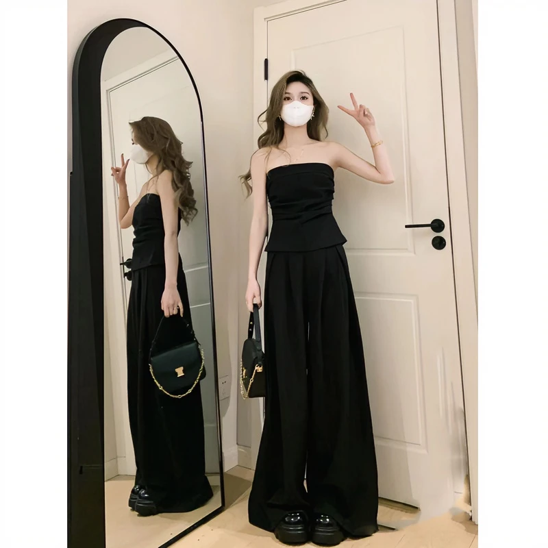 黑色两件套春夏抹胸休闲阔腿高腰裤子休闲裤无袖上衣时尚套装女
