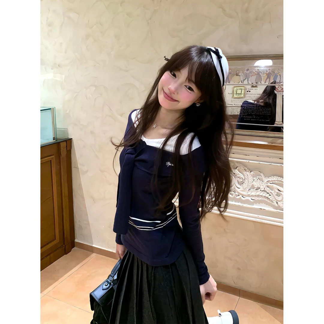 韩版假俩件小众设计感圆领长袖t恤女春秋季修身显瘦时尚上衣ins潮