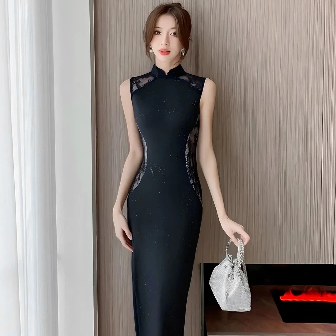 B新中式国风旗袍裙高级感气质优雅黑色修身显瘦绝美连衣裙女D3110