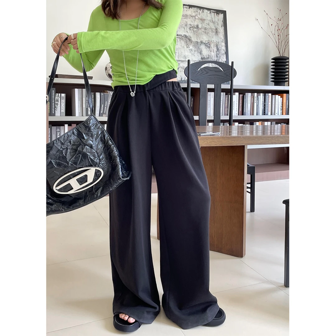 晶咕白标~松紧露腰休闲裤女秋季大码宽松显瘦拖地裤子慵懒风