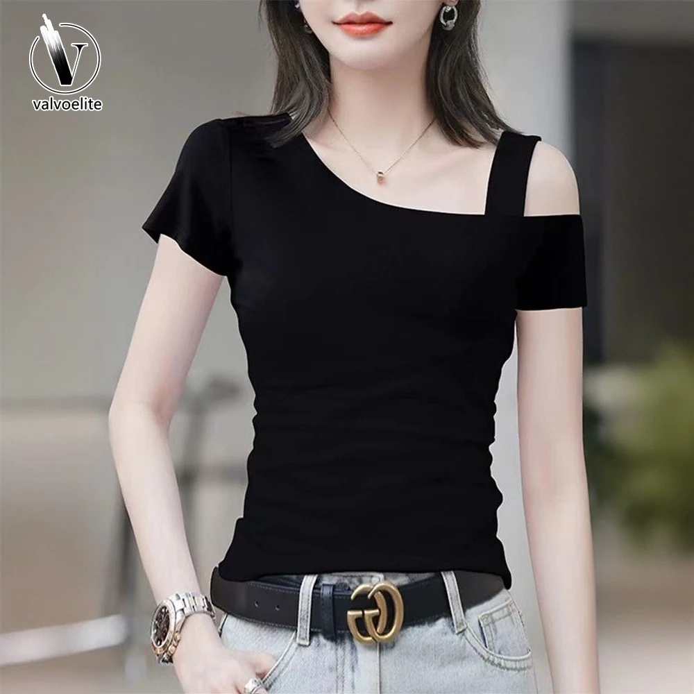 VALVOELITE黑色短袖t恤女单肩上衣设计感女小众夏季新款露肩吊带
