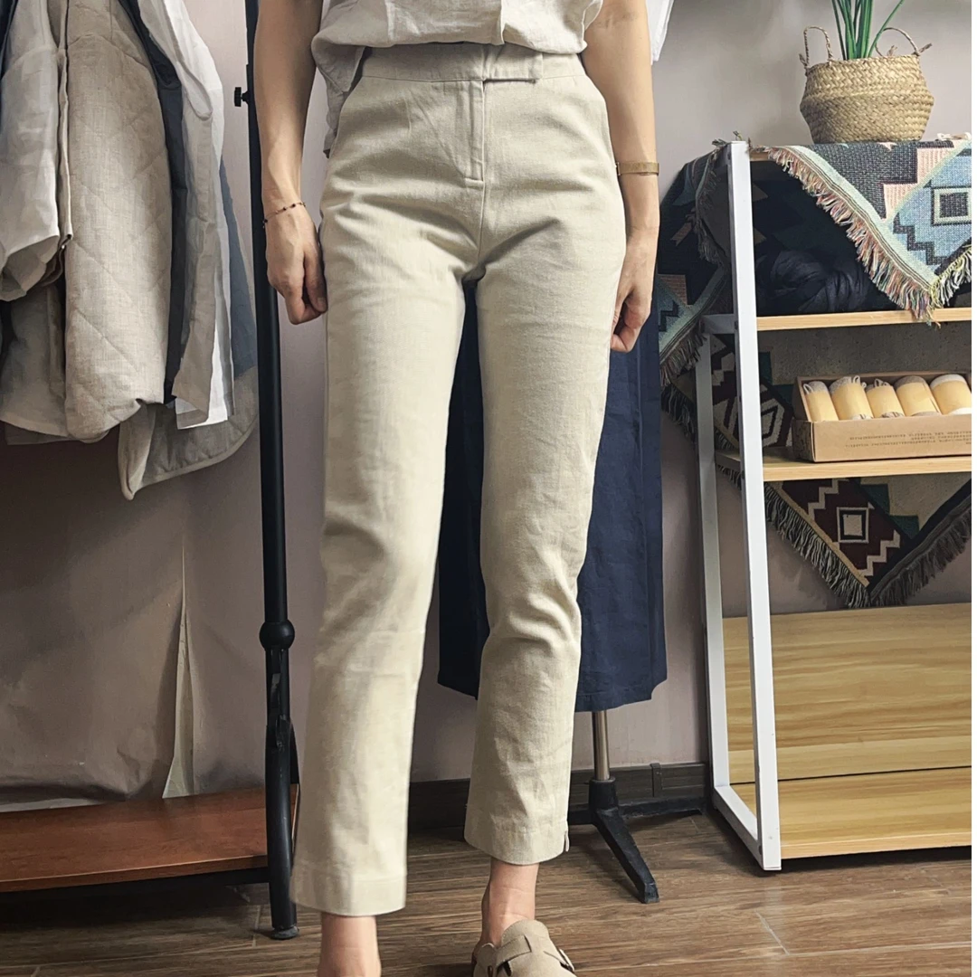 高级纯汉麻九支女士休闲汉麻九分裤小脚裤烟管裤侧开叉