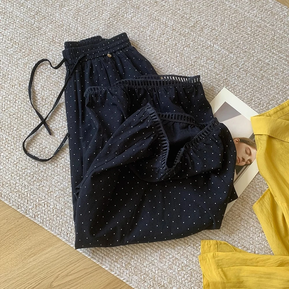 藏青色波点镂空阔腿灯笼裤夏季薄款梨形身材宽松显瘦九分休闲裤