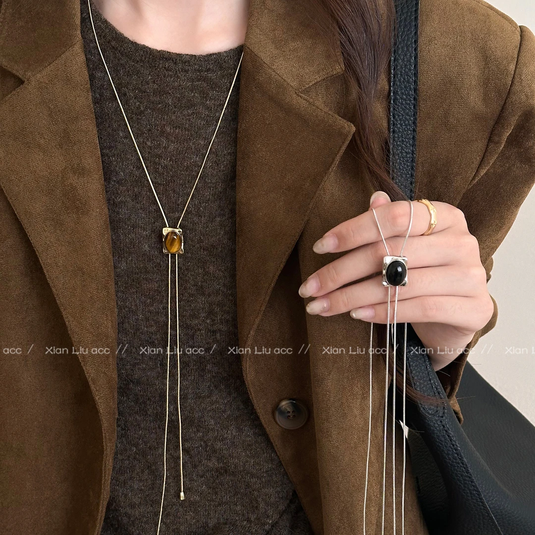 铜合金项链 虎眼石几何抽拉项链女秋冬长款毛衣链轻奢高级感配饰