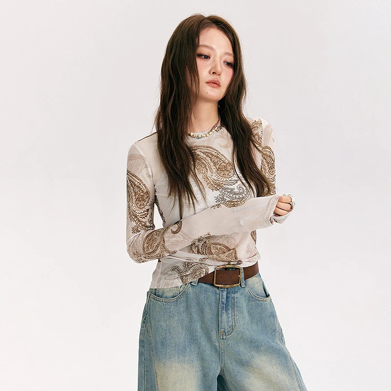 NO ONE ELSE美式复古女装秋季修身圆领打底皮肤衣腰果花长袖T恤