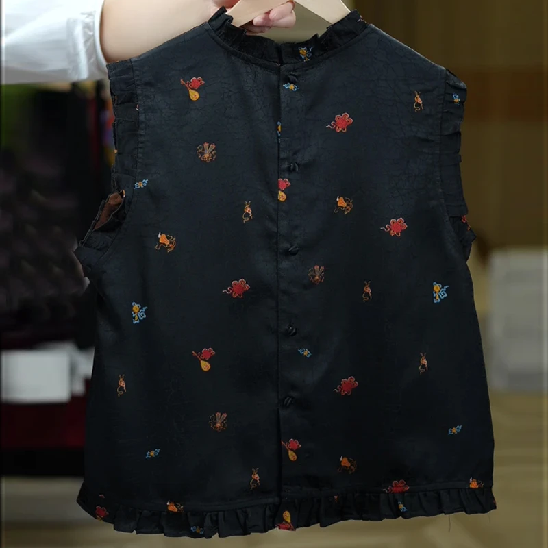 新中式国风荷叶边无袖衬衫女2025夏季新款复古减龄显瘦休闲上衣