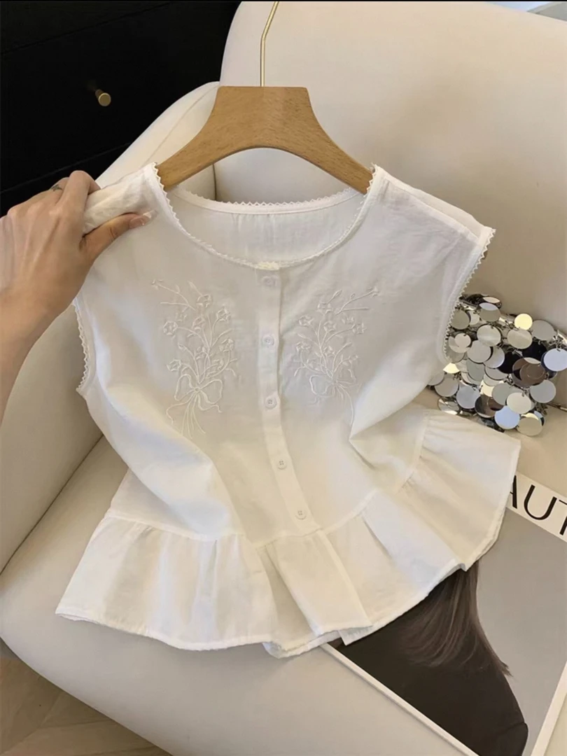 【重工刺绣】圆领时尚休闲简约刺绣钩花圆领无袖衬衫女夏款显瘦背心