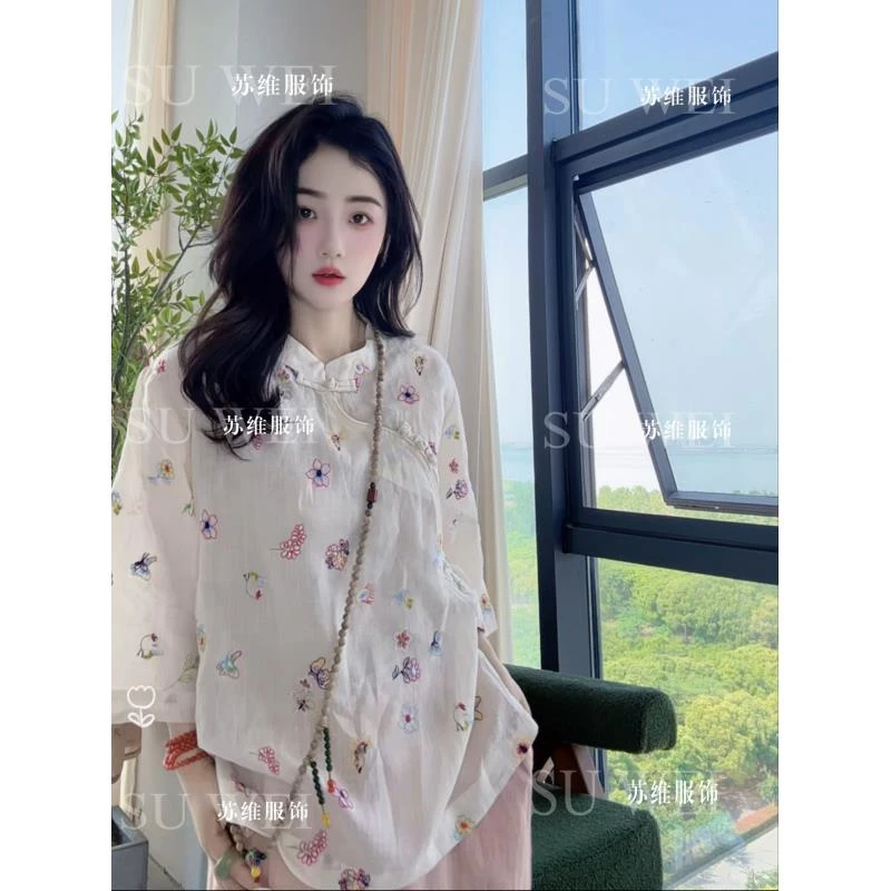 【小蜜蜂】1316夏季苎麻刺绣薄款成人中国风衬衫设计感甜美宽松