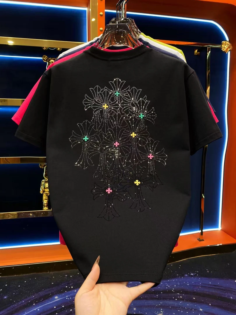 秋季男士黑色潮牌轻奢2025潮流情侣百搭半袖时尚圆领重工满钻修身