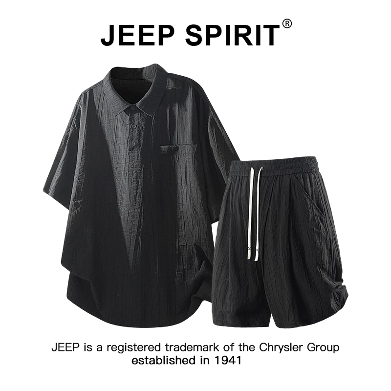 Jeep吉普高级感冰丝Polo衫套装男夏季潮流痞帅褶皱短袖短裤两件套