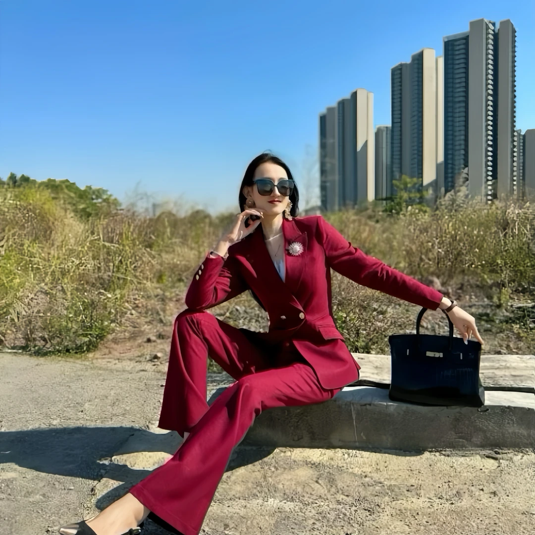 9851秋冬新款长袖职业女裤套装红色轻奢裤子显瘦女装气质简约套装