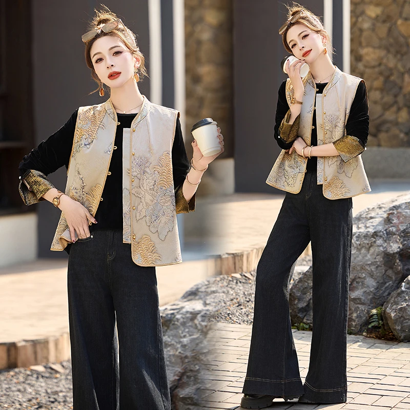 欧货新中式国风刺绣马甲丝绒内搭套装女2025早春款叠穿背心两件套